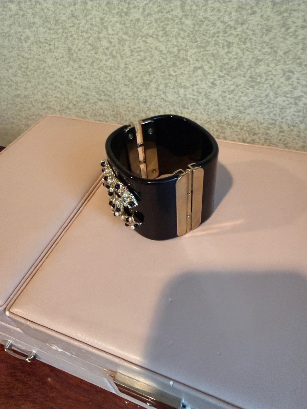 Black Jeweled Bangle Bracelet with Interlocking Logo Accent - Picture 4 of 5
